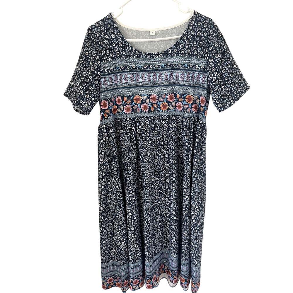 Women's Navy Blue Floral Boho Babydoll Dress Sz S